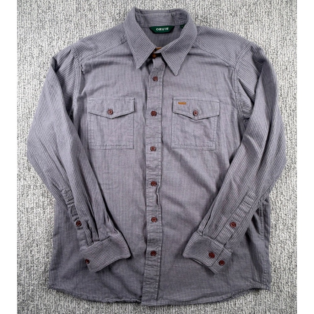 Orvis Button Down Shirt Mens Large Purple Houndstooth Cotton 3EHJ Long Sleeve